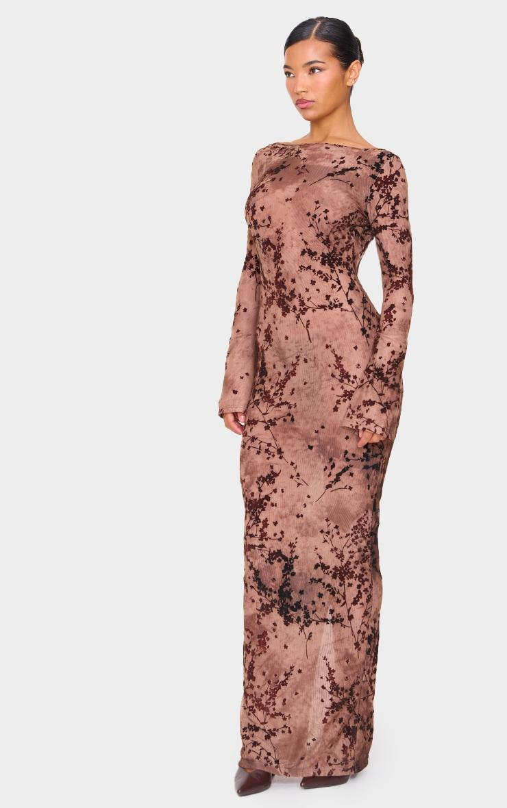 Brown Floral Textured Devore Long Sleeve Tie Back Maxi Dress Product Image