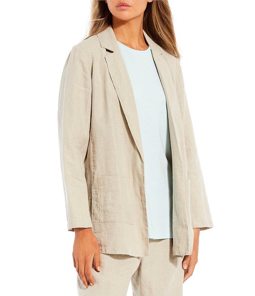 Eileen Fisher Organic Linen Notch Lapel Collar Pocketed Open-Front Long Blazer Product Image