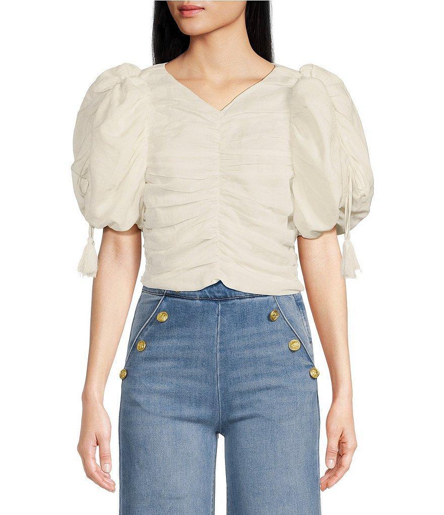 A Loves A V Neck Short Bubble Tassel Puff Sleeve Ruched Cropped Blouse Product Image