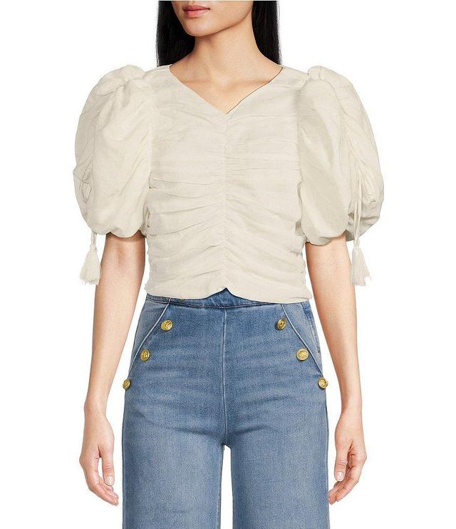 A Loves A V Neck Short Bubble Tassel Sleeve Ruched Cropped Blouse Product Image