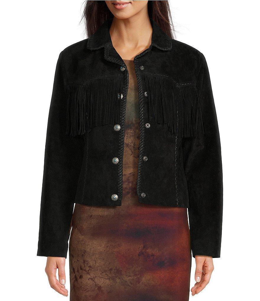 Scully Suede Leather Whipstitch Collar Fringe Jacket Product Image