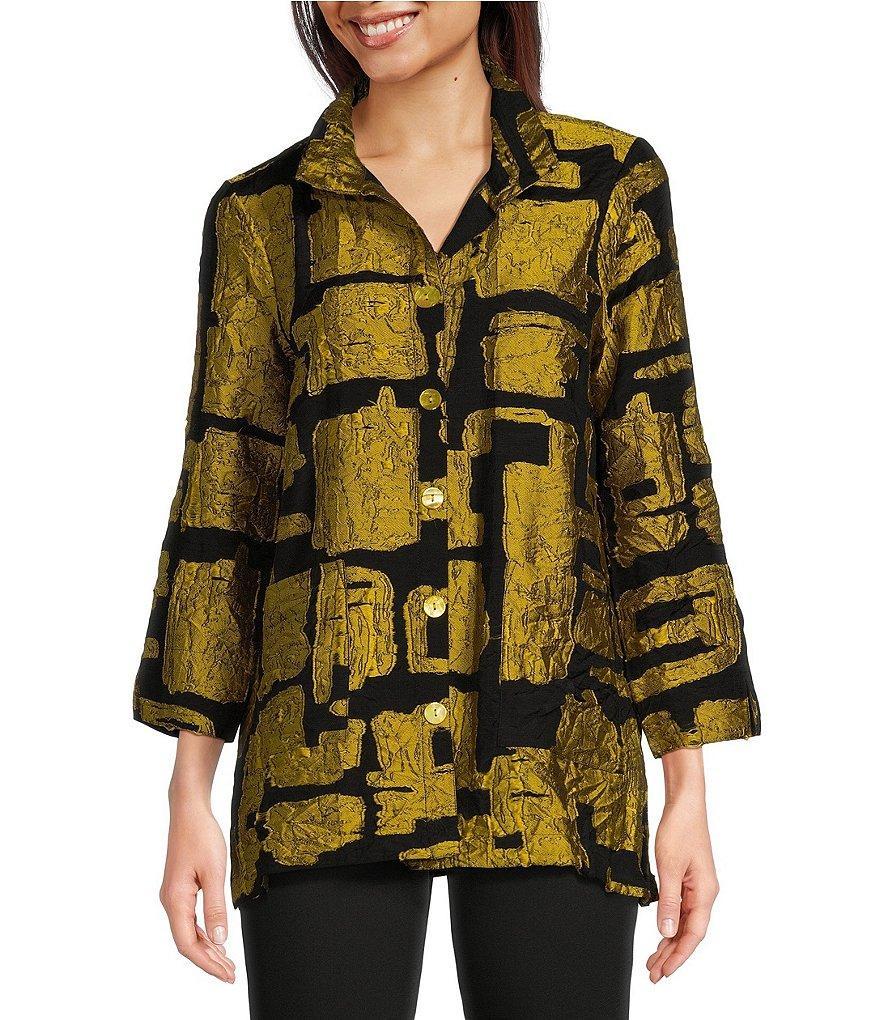 Ali Miles Printed Collared 3/4 Cuffed Sleeve Button Down Jacket Product Image