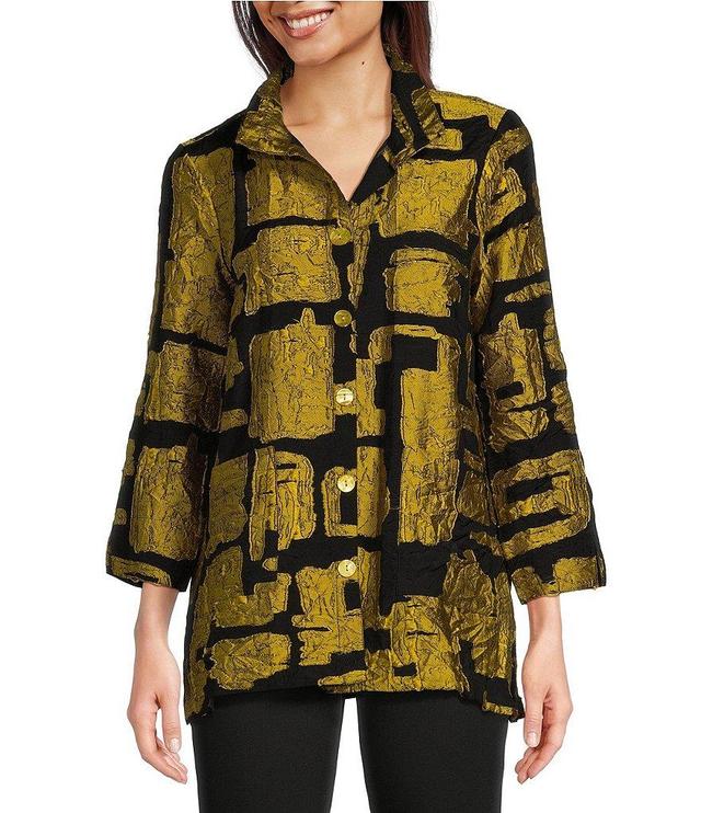 Ali Miles Printed Collared 3/4 Cuffed Sleeve Button Down Jacket Product Image