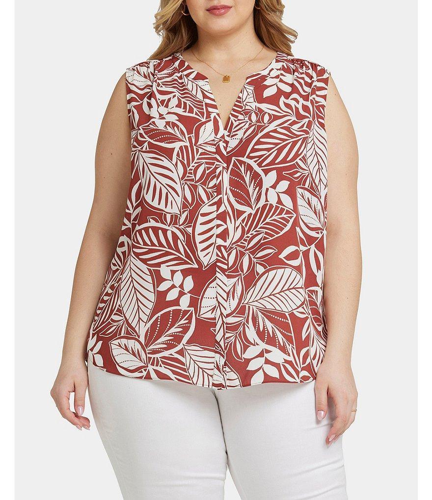 NYDJ Plus Size Leaf Print Split Round Neck Sleeveless Back Pleated Blouse Product Image