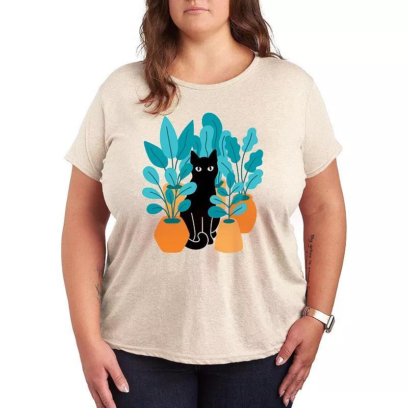 Plus Black Cat Plants Graphic Tee, Womens Beig/Green Product Image