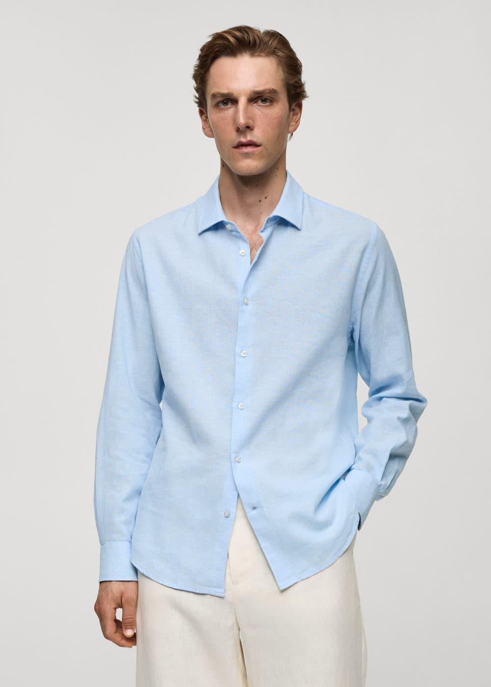 MANGO MAN - Regular-fit striped cotton-linen shirt sky blueMen Product Image