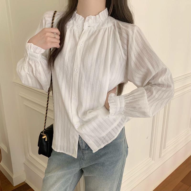 Puff-Sleeve High Neck Striped Ruffled Button-Up Blouse Product Image