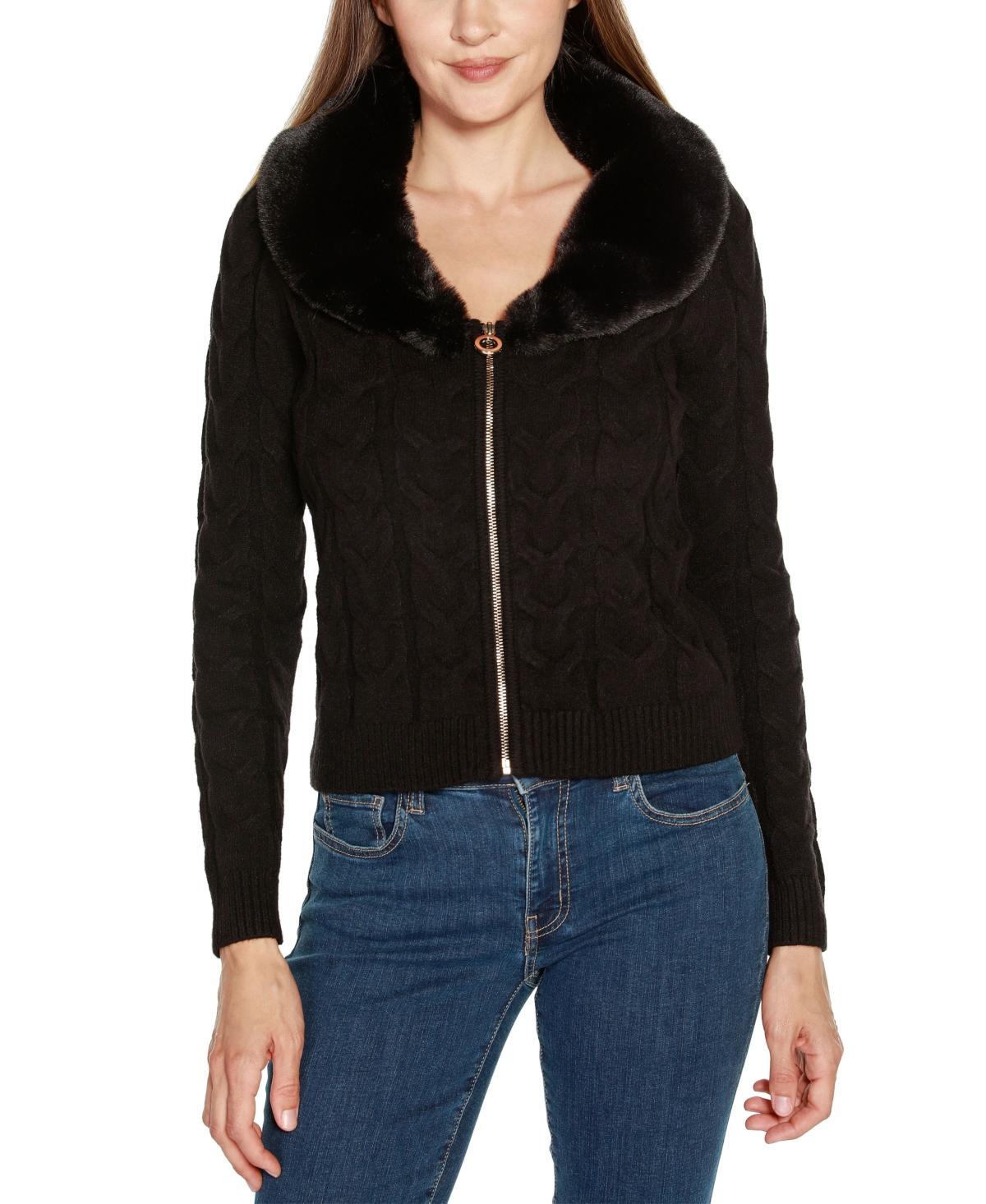 Belldini Womens Black Label Faux Fur Collared Cable Cardigan Sweater Product Image