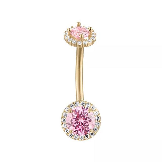 Amella Jewels 10k Gold One-Side Internally Threaded Round Top & Round Bottom Pink Cubic Zirconia Belly Ring, Womens Product Image