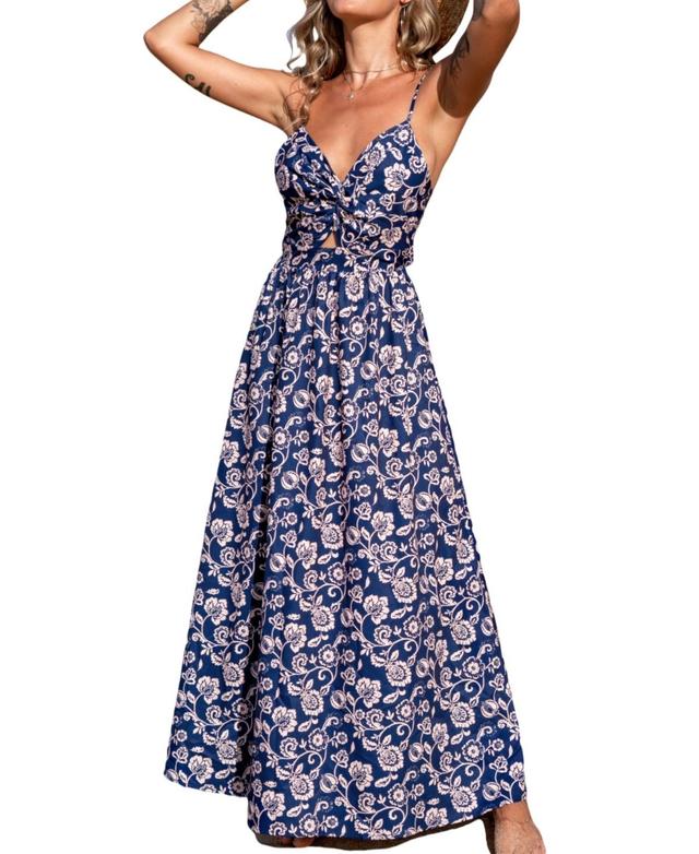 Cupshe Womens Blue Floral Sweetheart Twist & Keyhole Maxi Beach Dress Product Image