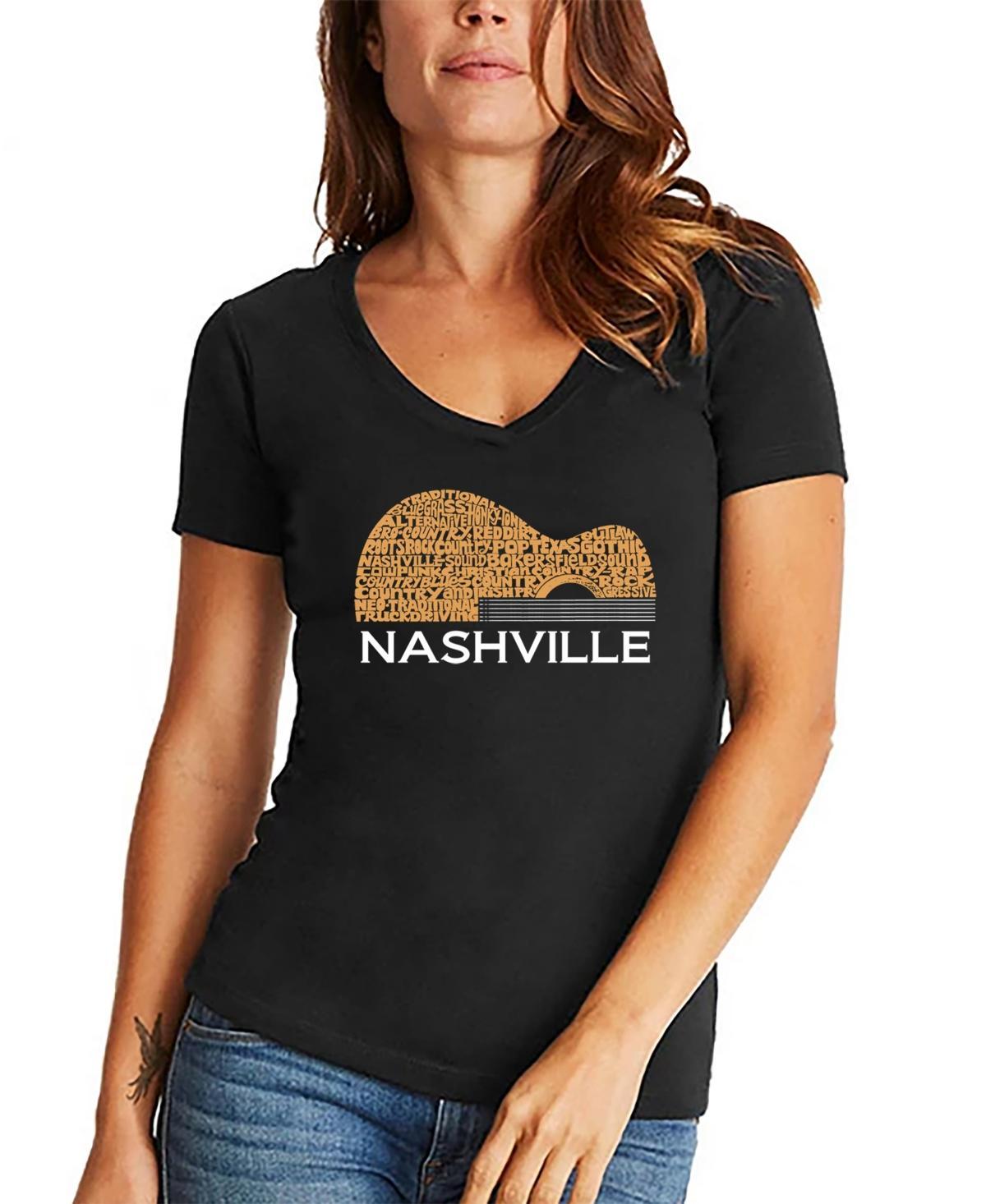 La Pop Art Womens Nashville Guitar Word Art V-neck T-shirt Product Image