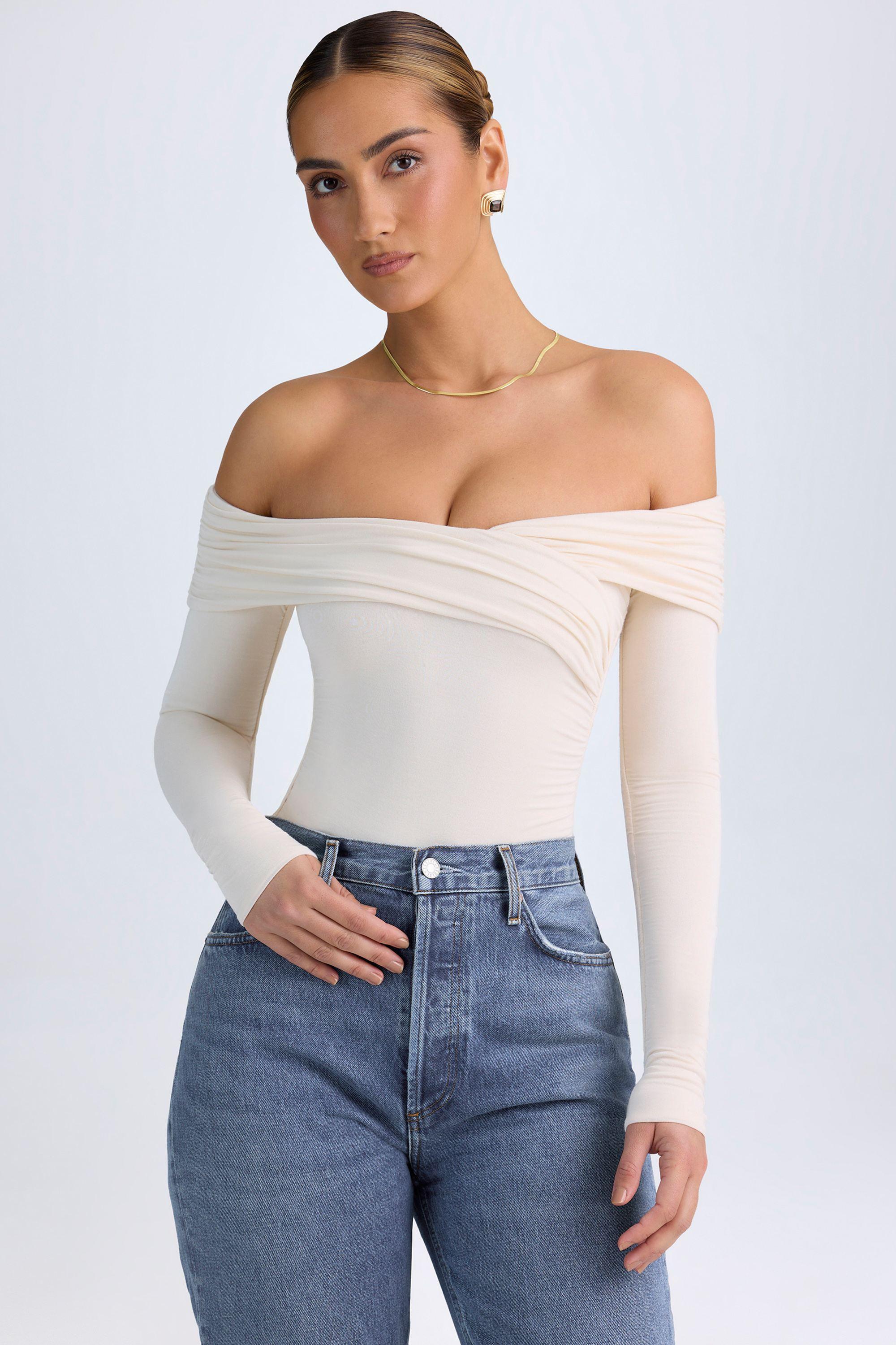 Modal Off-Shoulder Ruched Bodysuit in Ivory Product Image