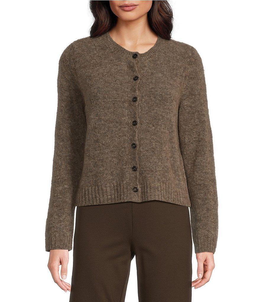 Eileen Fisher Mohair Plush Melange Knit Crew Neck Long Sleeve Button Front Cropped Cardigan product image