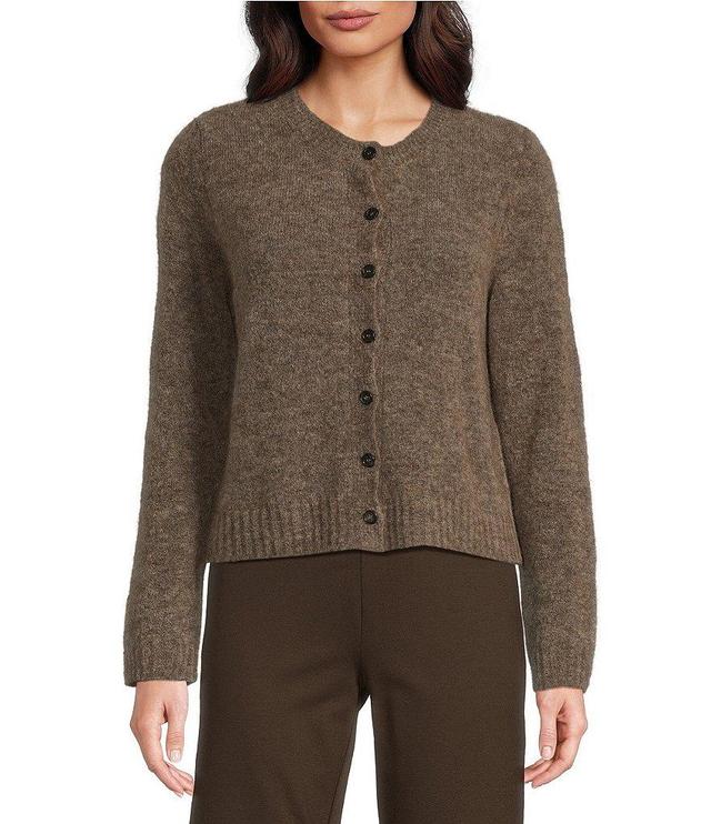 Eileen Fisher Mohair Plush Melange Knit Crew Neck Long Sleeve Button Front Cropped Cardigan Product Image