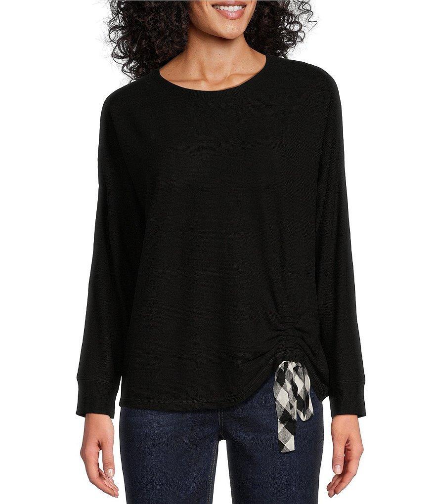 Westbound Petite Size Knit Long Sleeve Crew Neck Ruched Shirt Product Image