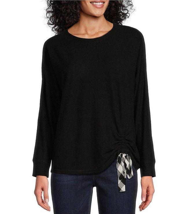 Westbound Petite Size Knit Long Sleeve Crew Neck Ruched Shirt Product Image