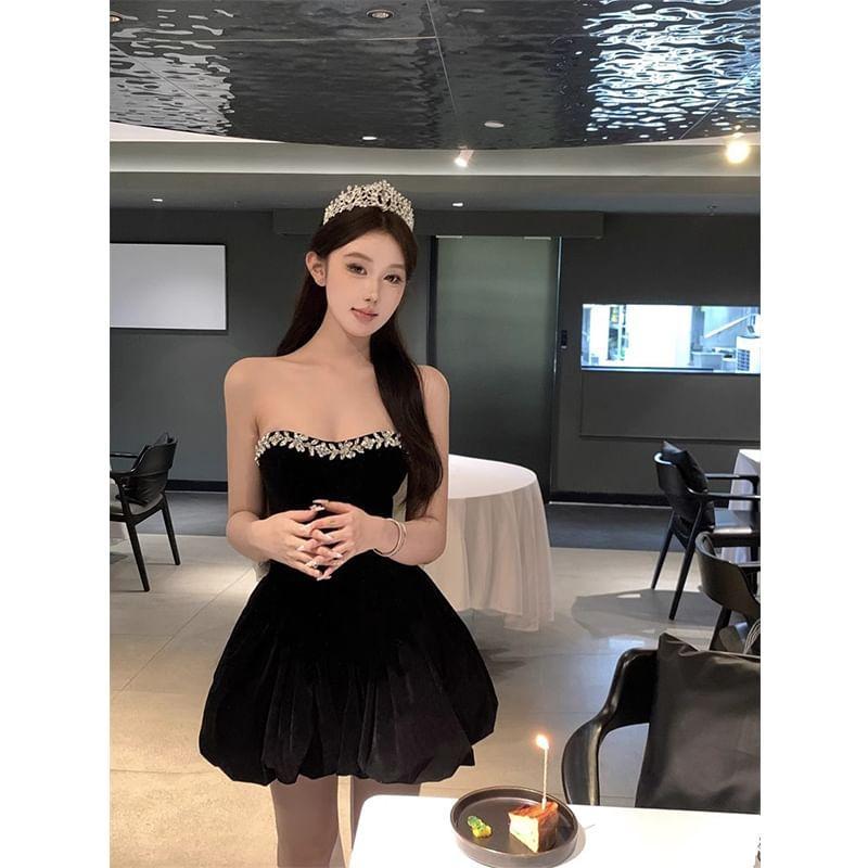 Strapless Plain Rhinestone Mini A-Line Dress Product Image