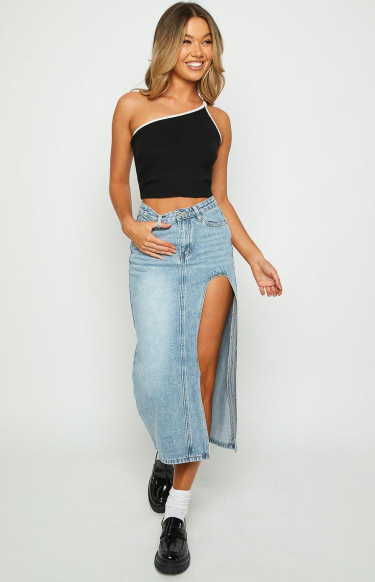 Aysha Cutout Blue Denim Midi Skirt Product Image