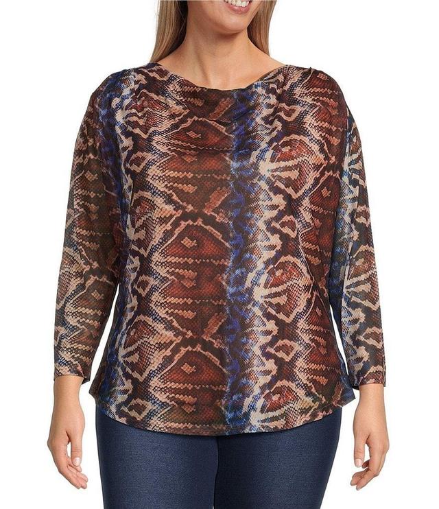 Calessa Plus Size Mesh Knit Abstract Snake Print Drape Neck Long Sleeve Top Product Image