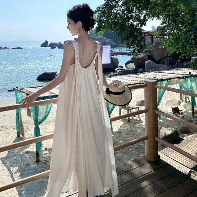 Sleeveless Open Back Plain Maxi A-Line Dress Product Image