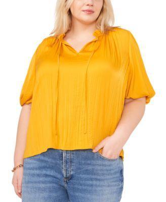 Plus Size Pleated Puff-Sleeve Blouse  Product Image