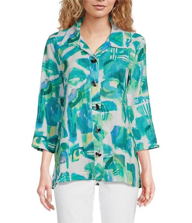 Ali Miles Abstract Print Woven Point Collar 3/4 Sleeve Vented Hem Button-Front Tunic Product Image