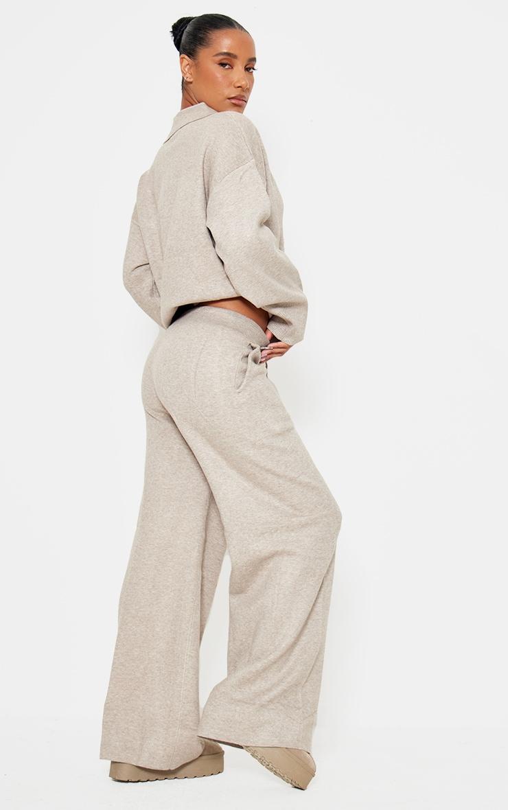 Taupe Knitted Polo Neck Sweater And Wide Leg Pants Set Product Image