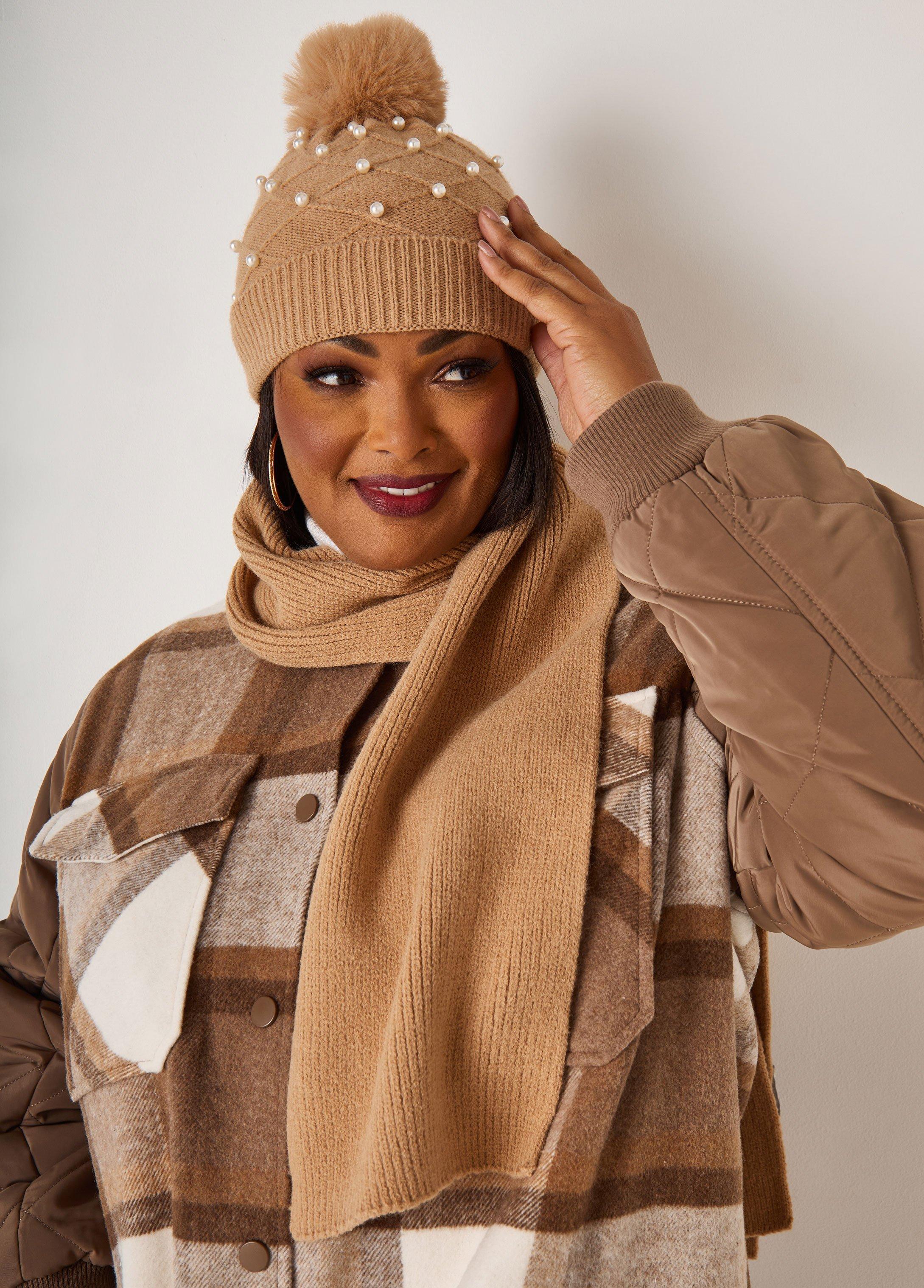 Plus Size Faux Pearl Scarf & Hat Gift Set Ashley Stewart Product Image