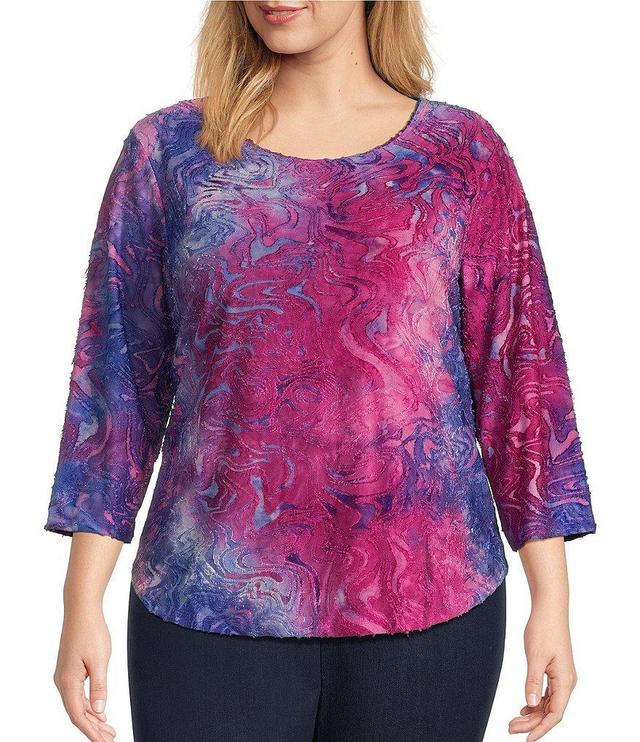 Allison Daley Plus Size Super Pink Tie Dye Print 3/4 Sleeve Crew Neck Knit Top Product Image