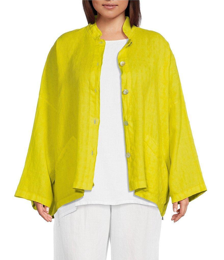 Bryn Walker Plus Size Danuta Finestra Windowpane Light Linen Mandarin Collar Long Wide Sleeve Oversized Button-Front Jacket Product Image