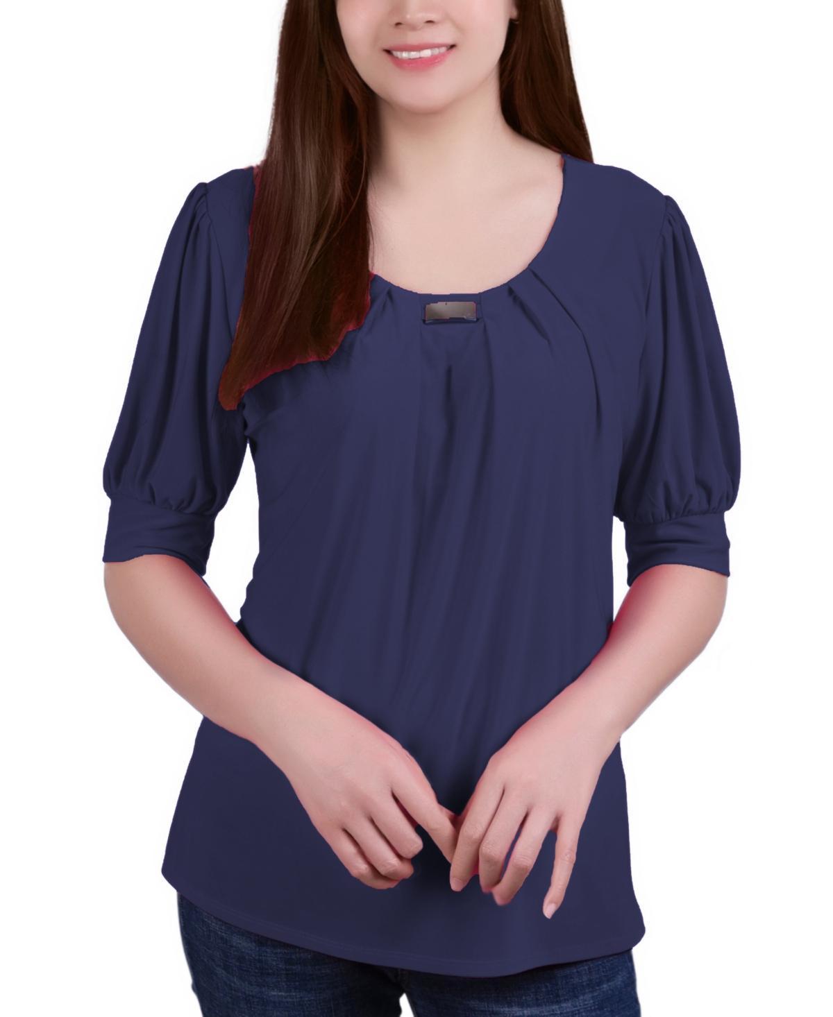 NY Collection Petite Puff Sleeve Pleated Front Blouse -BLUE Product Image