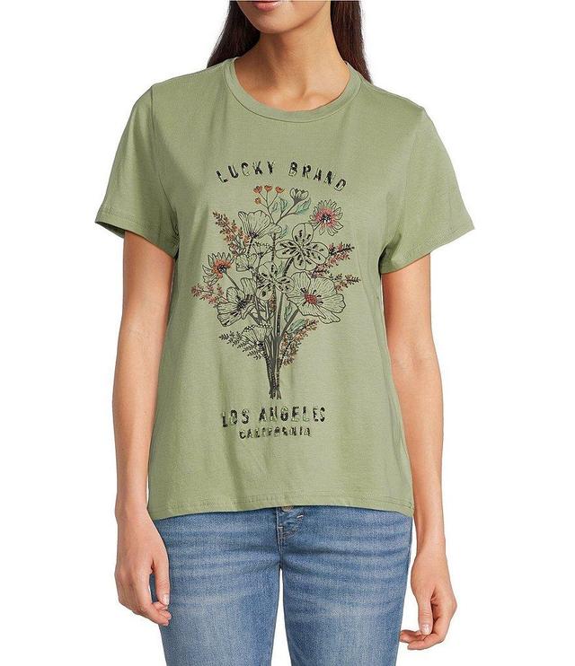 Lucky Brand Embellished Floral Knit Crew Neck Short Sleeve Tee Shirt Product Image