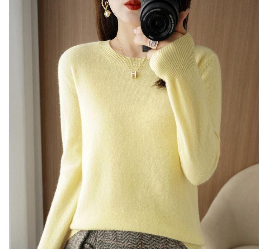 Long-Sleeve Round Neck Plain Knit Top Product Image