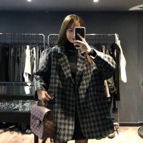 Lapel Collar Houndstooth Double-Breasted Coat Product Image