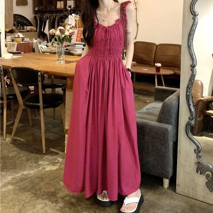 Ruffle Neckline Sleeveless Solid Maxi Dress Product Image