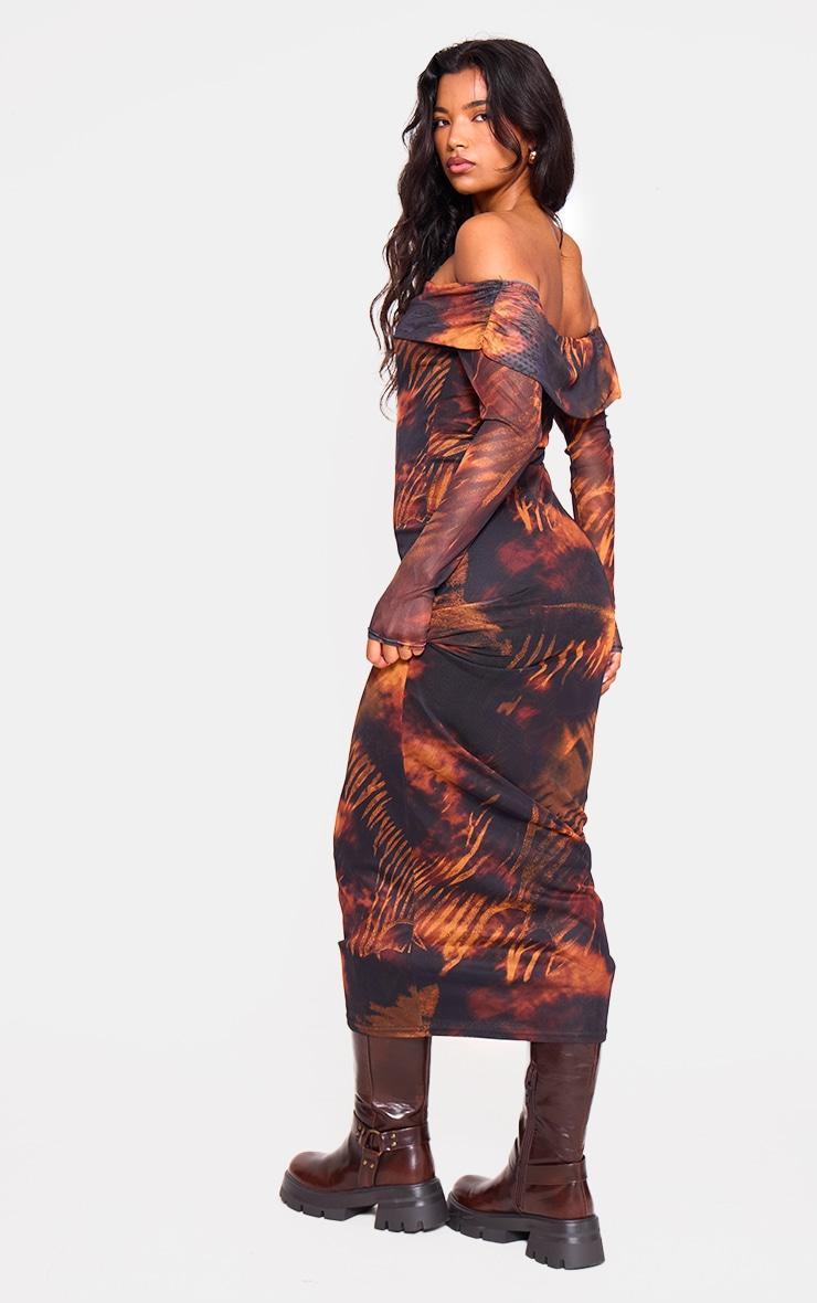 Rust Printed Mesh Bardot Long Sleeve Maxi Dress Product Image