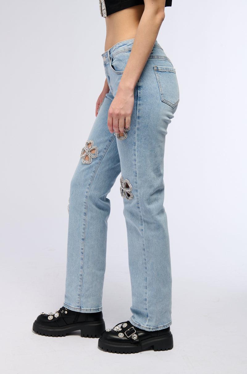 DIVINE FEMININE ENERGY RHINESTONE DETAIL JEANS Product Image