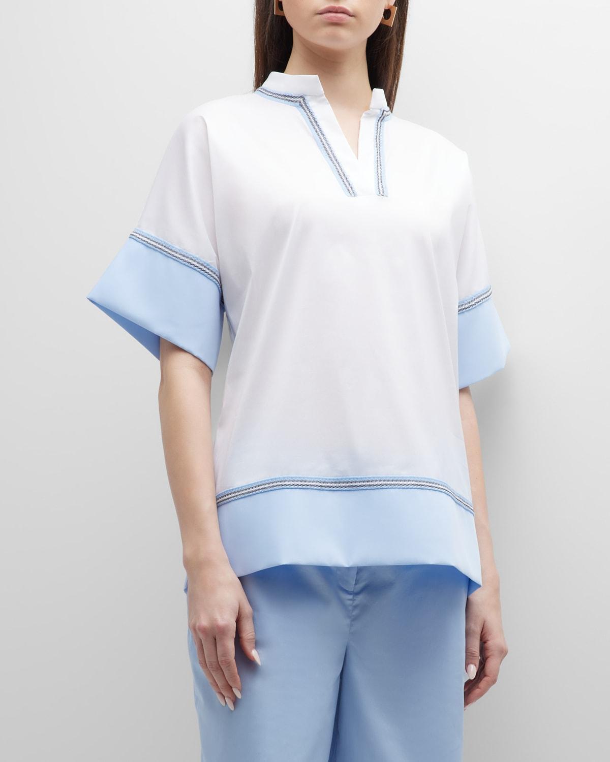 Misook Elbow-Sleeve Split-Neck Cotton Poplin Blouse - Size: MEDIUM - WHITE/CIRRUS BLUE Product Image