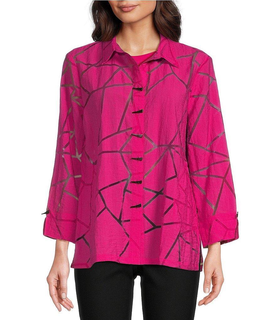 Ali Miles Woven Burnout Wire Collar 3/4 Sleeves Button-Front Tunic Product Image