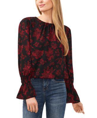 CeCe Womens Floral Print Crew Neck Long Sleeve Smocked Cuff Blouse Product Image