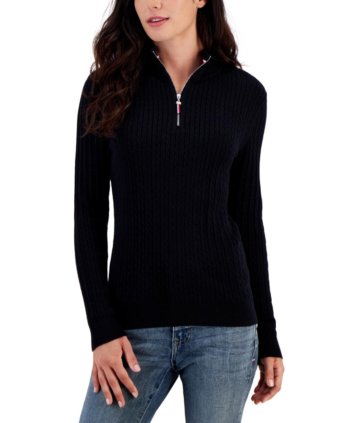 Tommy Hilfiger Womens Cotton Quarter-Zip Cable-Knit Sweater Product Image