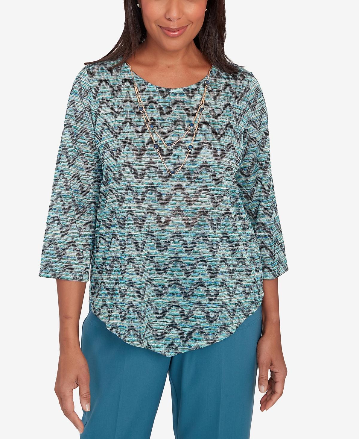 Womens Alfred Dunner Zig-Zag Space Dye Long Sleeve Top with Necklace Product Image