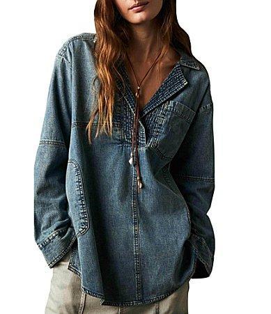 Free People Peyton Denim V-Neck Long Sleeve Pullover Shirt Product Image