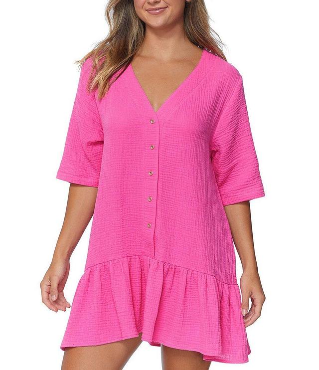 Raisins Sol V-Neck Ruffle Hem Button Front Swim Cover-Up Dress Product Image