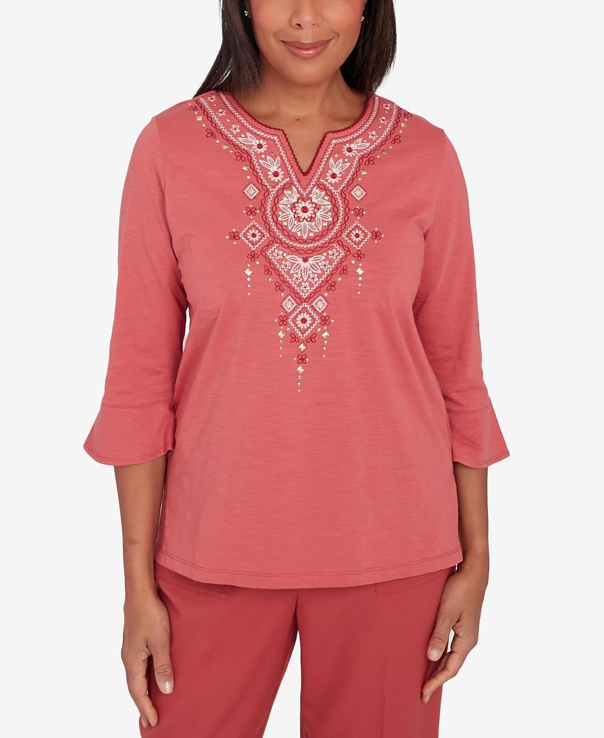 Alfred Dunner Sedona Sky Womens Split Neck Floral Embroidered Top Product Image