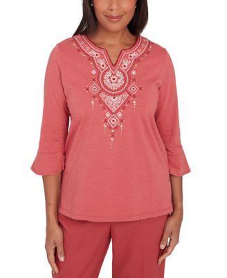 Petite Floral-Embroidered Split-Neck Top Product Image