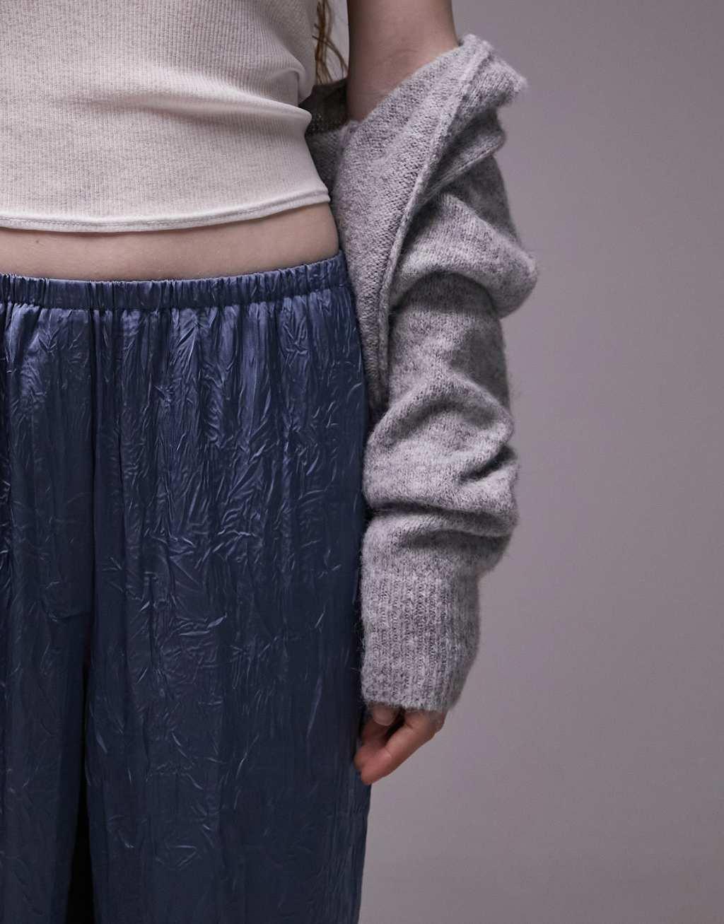 Topshop crinkle satin wide leg pull on pants in air force blue Product Image