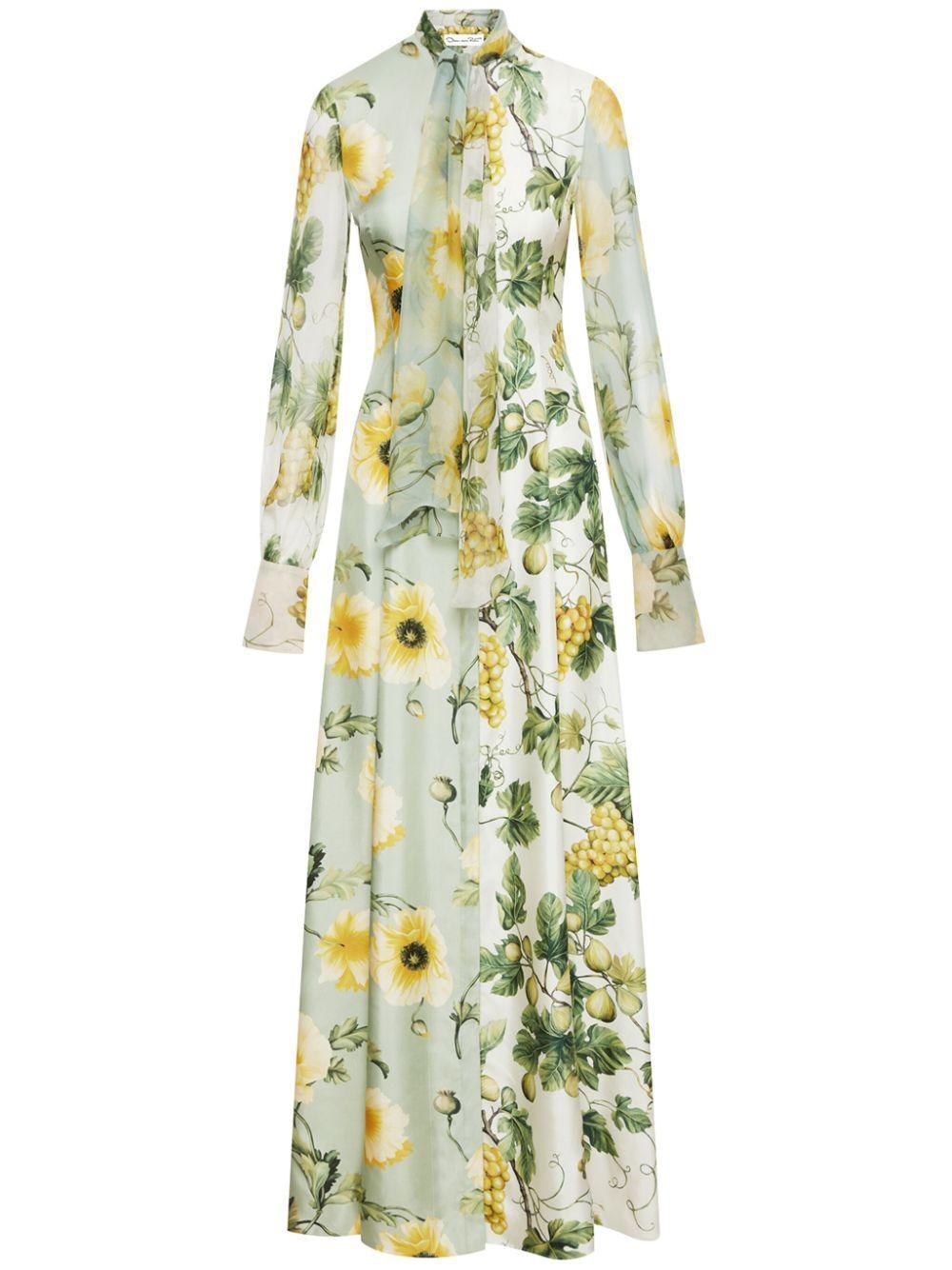 OSCAR DE LA RENTA Tie-detailed Chiffon-trimmed Printed Silk-twill Gown In Multi Product Image