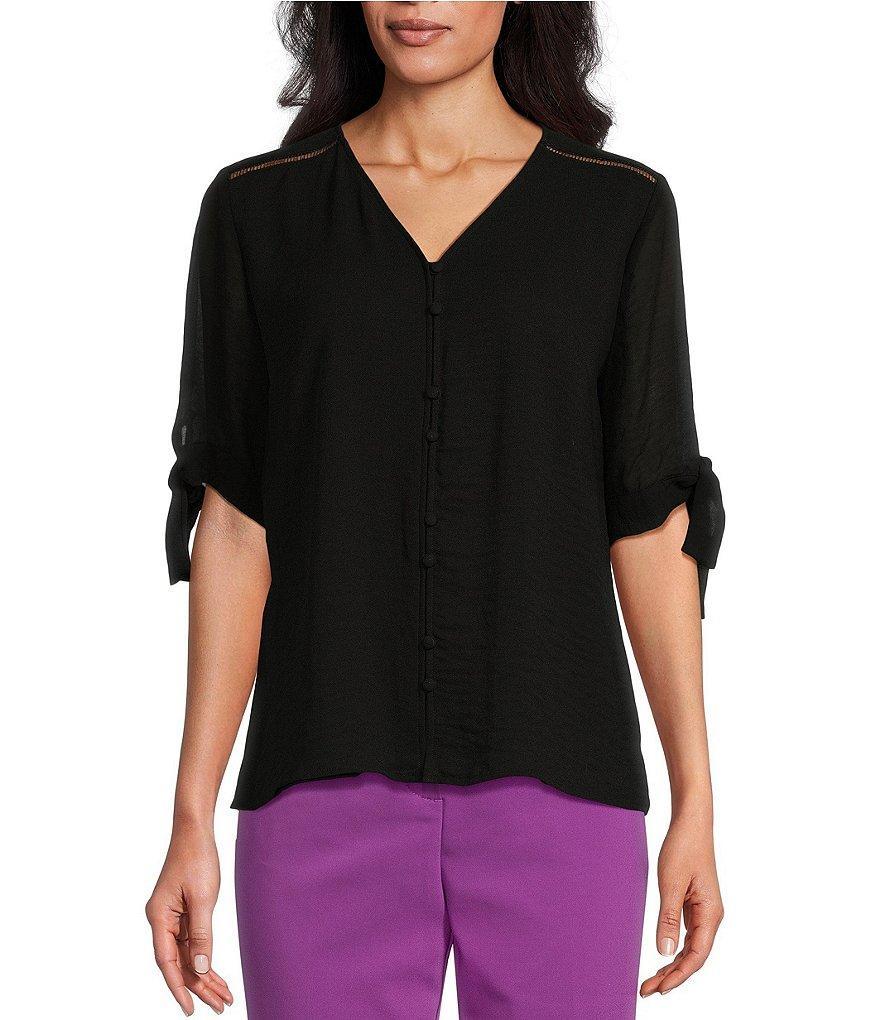 Investments Petite Size Woven V-Neck Tie 3/4 Sleeve Faux Button Top Product Image