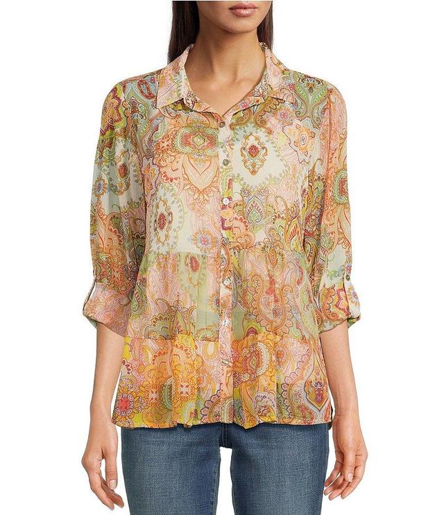 Figueroa & Flower Woven Embroidered Printed Collared Neck Long Roll-Tab Sleeve Button-Front Blouse Product Image